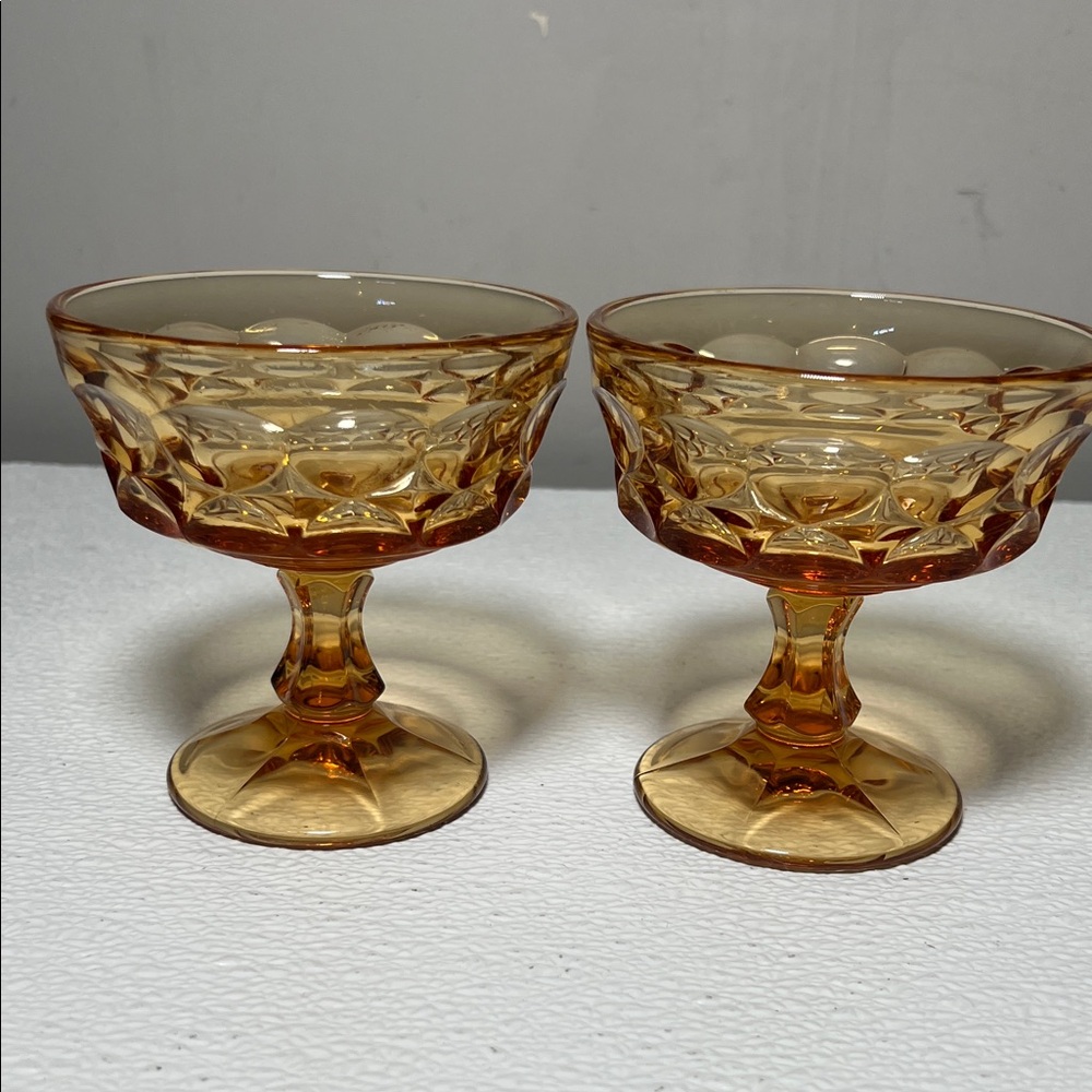 Vintage Carnival Glass Dessert Pedestal Amber Bowls Set 2